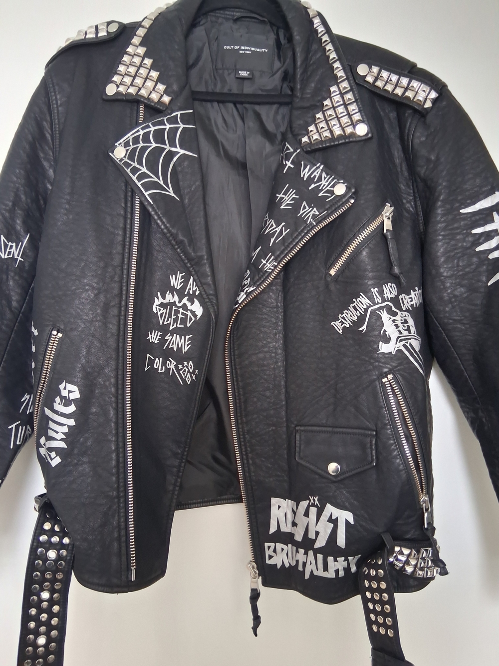 Cult of Individuality Black Studded Graphic Biker Jacket Sz XXL!